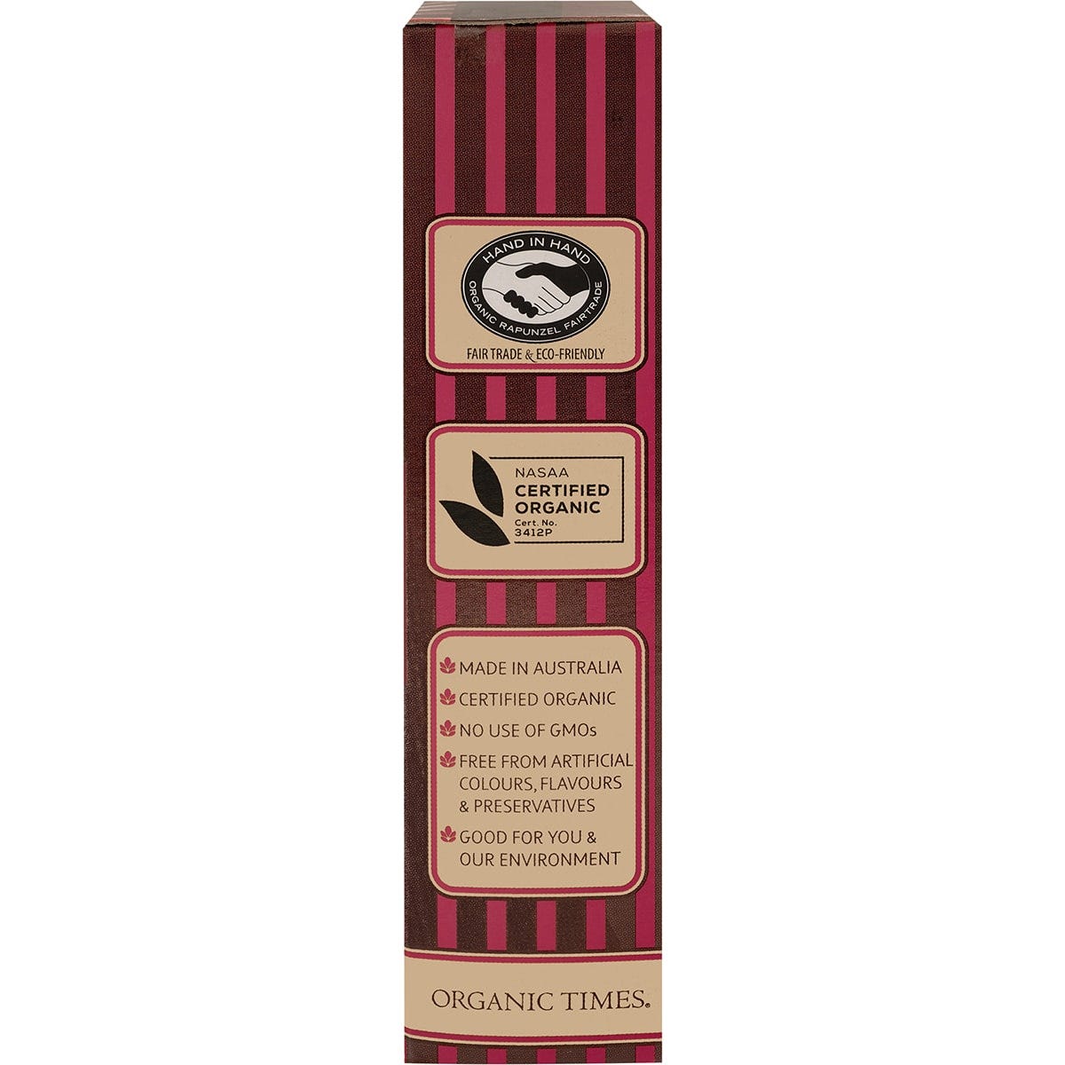Right side of an Organic Times Dark Chocolate Raspberry Licorice 150g bag showing product features and a barcode.