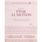 130g bag of Organic Times Pink Raspberry Dusted White Choc Almonds with a pink and white label.