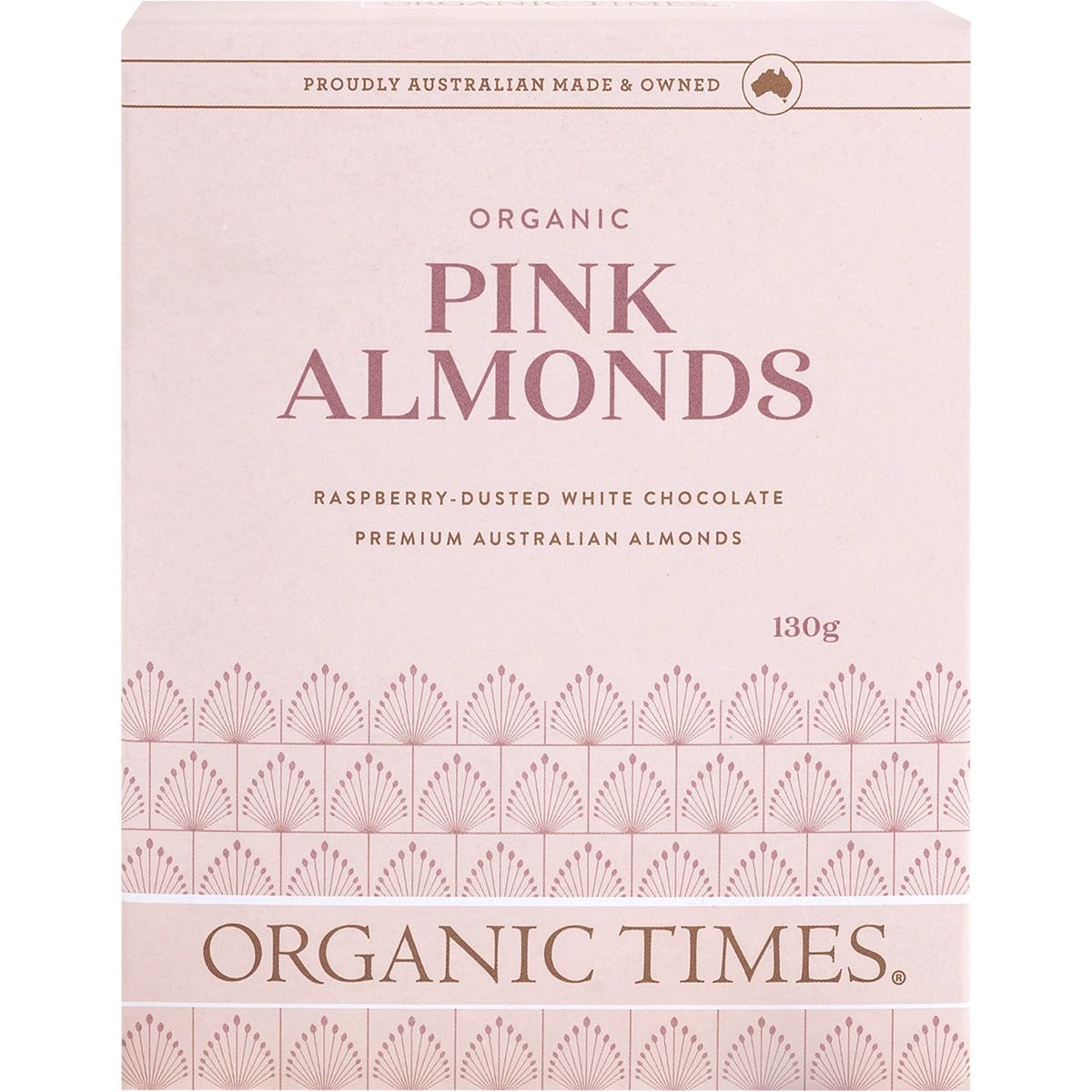 130g bag of Organic Times Pink Raspberry Dusted White Choc Almonds with a pink and white label.