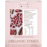 Back of 130g bag of Organic Times Pink Raspberry Dusted White Choc Almonds with nutrition and ingredient info.