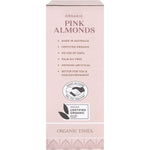 Right side of Organic Times Pink Raspberry Dusted White Choc Almonds 130g bag showing a barcode and organic logo.