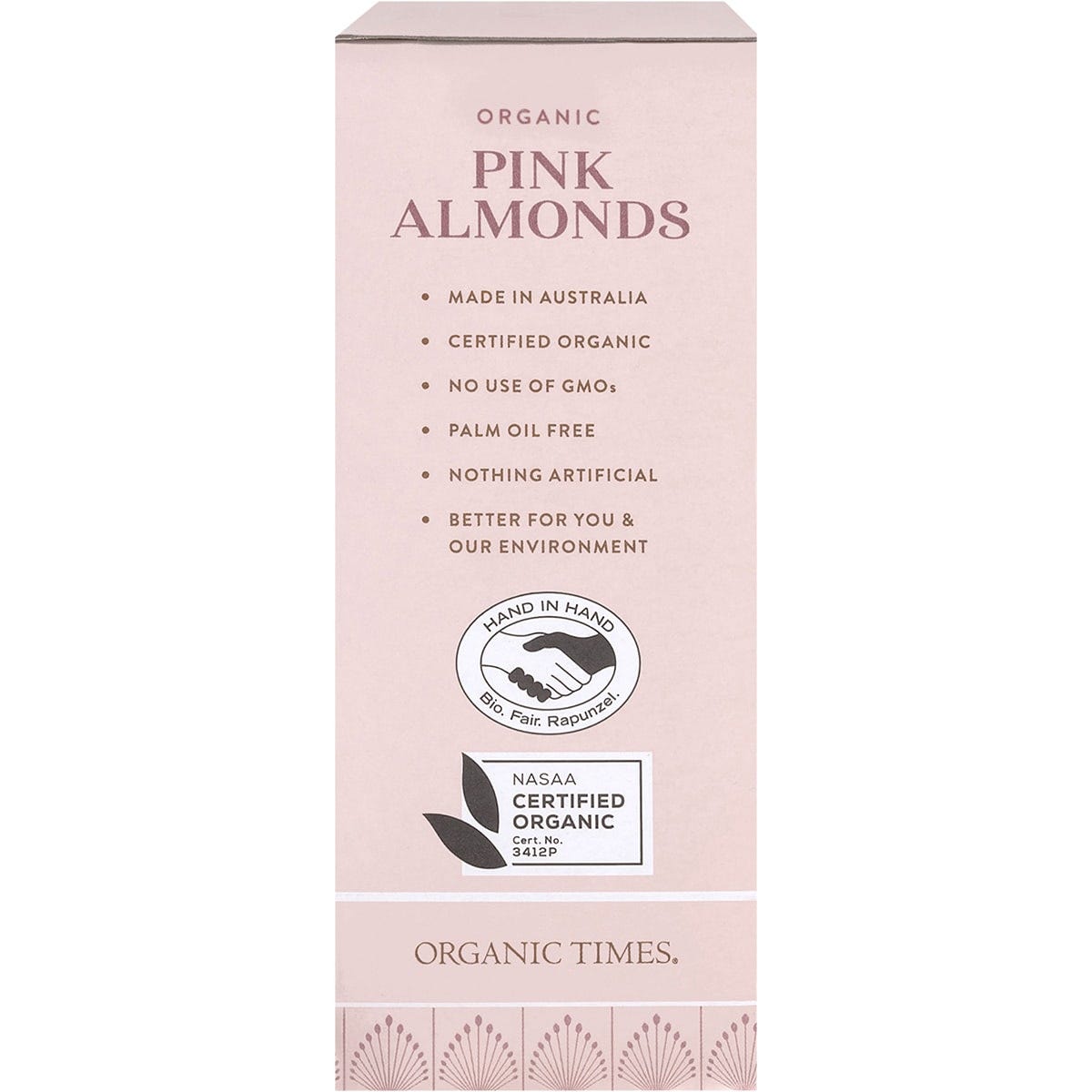 Right side of Organic Times Pink Raspberry Dusted White Choc Almonds 130g bag showing a barcode and organic logo.