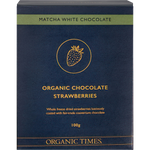 100g bag of Organic Times Matcha White Chocolate Strawberries featuring green-coated chocolate treats and fruit.