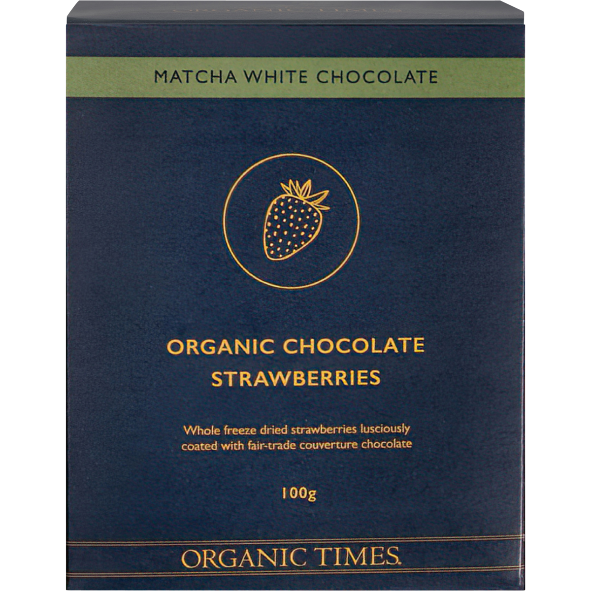 100g bag of Organic Times Matcha White Chocolate Strawberries featuring green-coated chocolate treats and fruit.