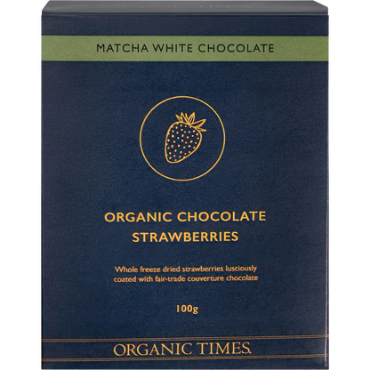 100g bag of Organic Times Matcha White Chocolate Strawberries featuring green-coated chocolate treats and fruit.