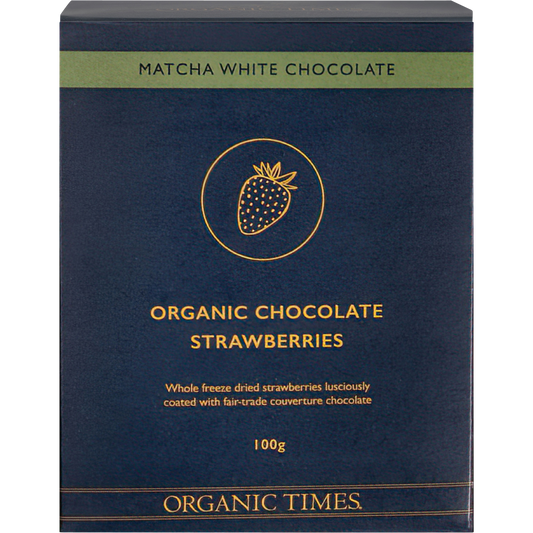 100g bag of Organic Times Matcha White Chocolate Strawberries featuring green-coated chocolate treats and fruit.
