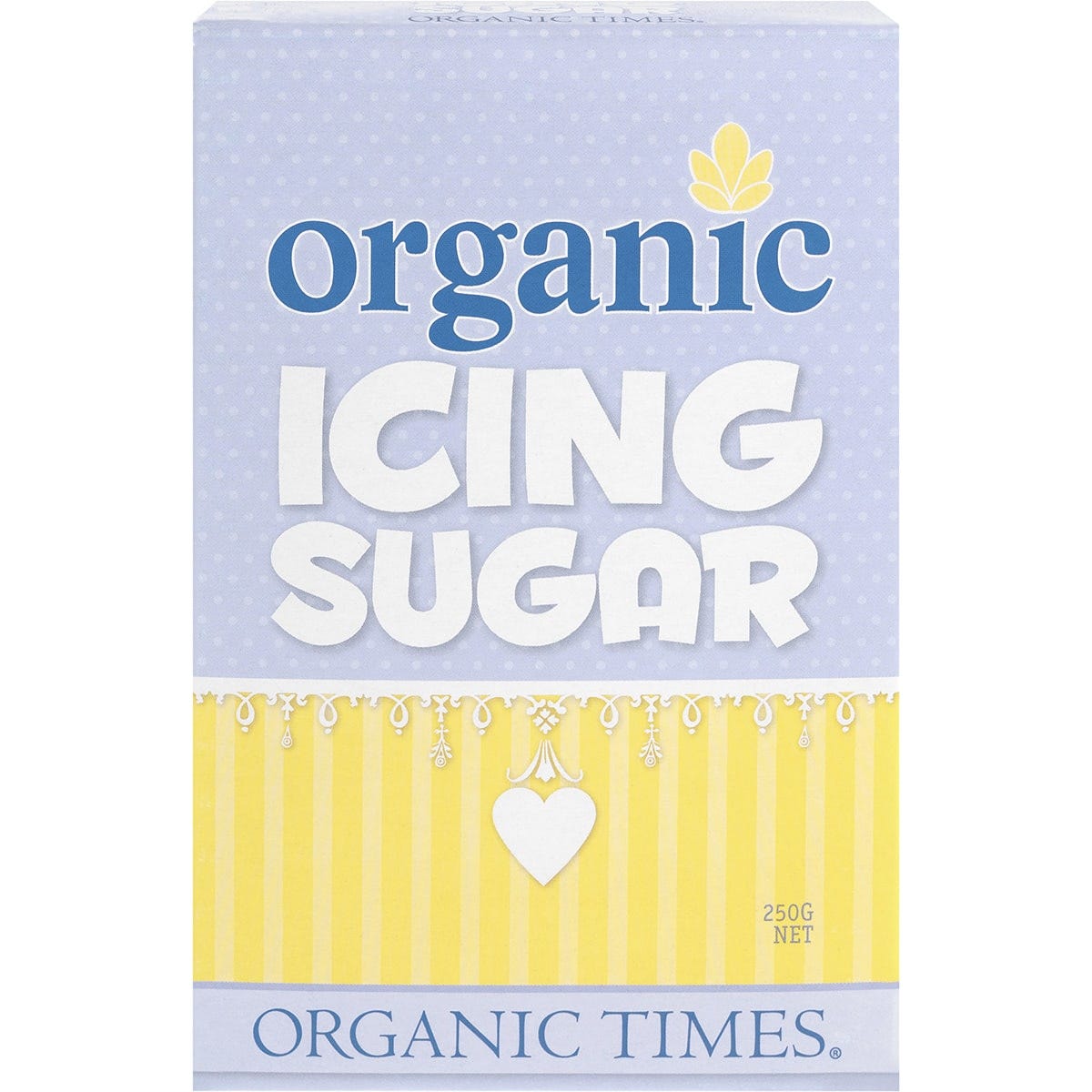 250g box of Organic Times Icing Sugar, a certified organic and gluten-free powdered sugar for baking and frosting.