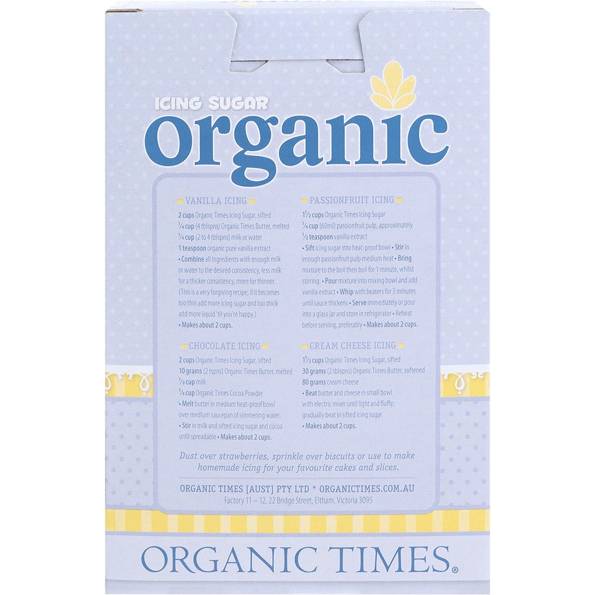 Back of the Organic Times Icing Sugar 250g box showing nutritional information and ingredients on a white background.