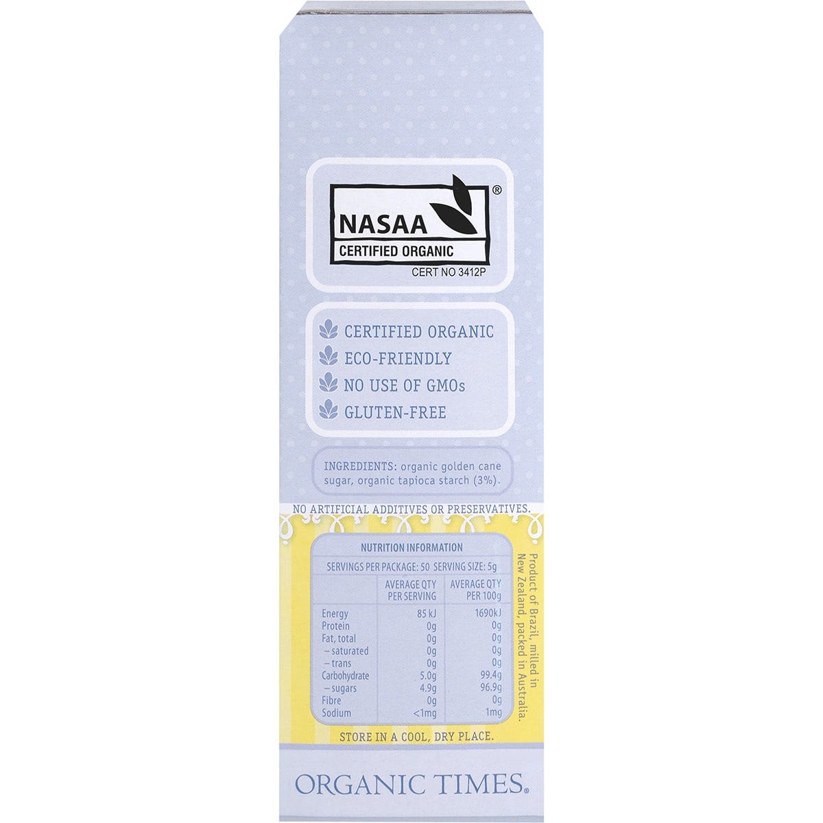 Right side of an Organic Times Icing Sugar 250g box highlighting product benefits and its Australian-made origin.