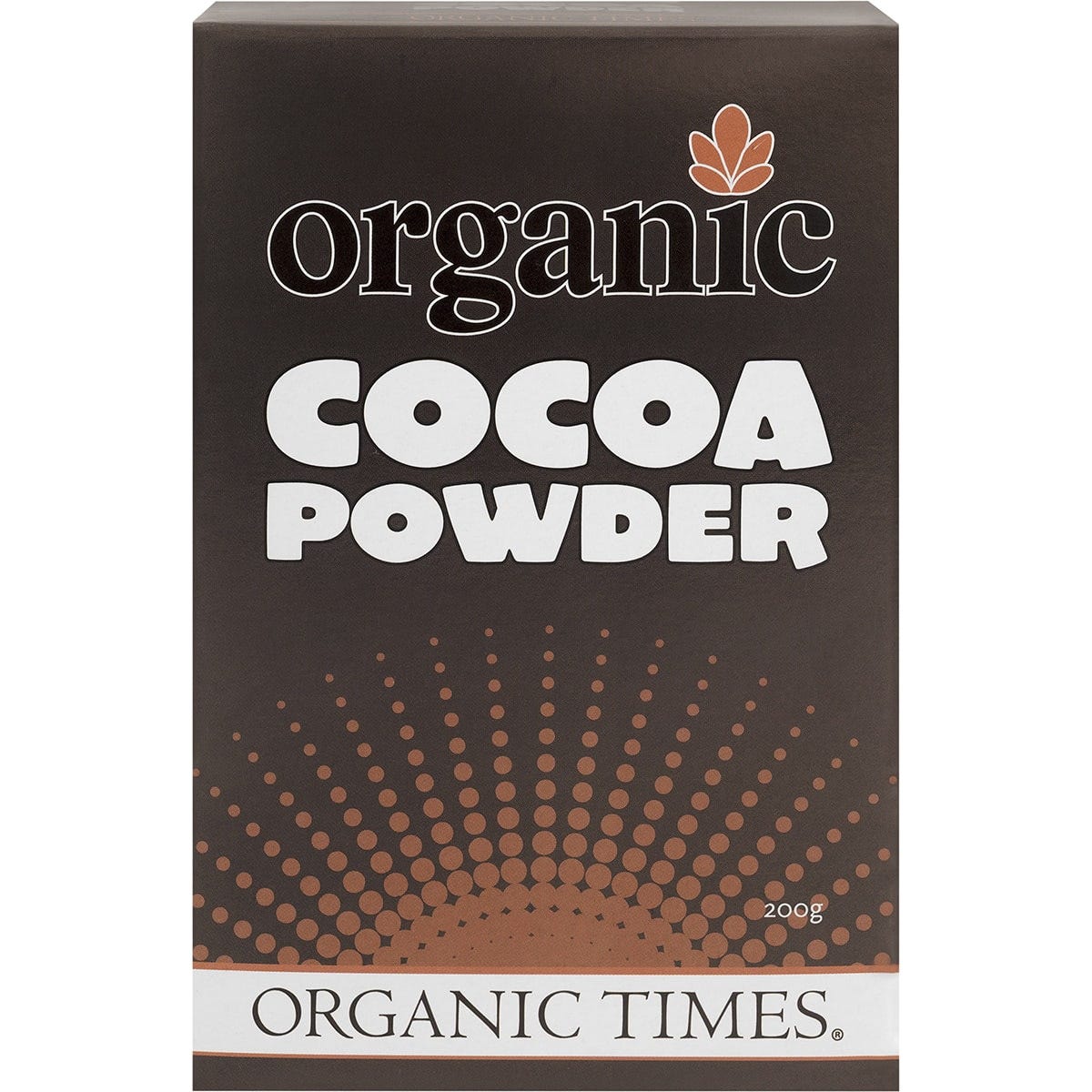 200g tub of Organic Times Cocoa Powder featuring a brown label with white and gold text on a white background.