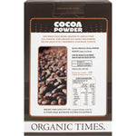 Back view of Organic Times Cocoa Powder 200g tub showing nutritional information and product details.