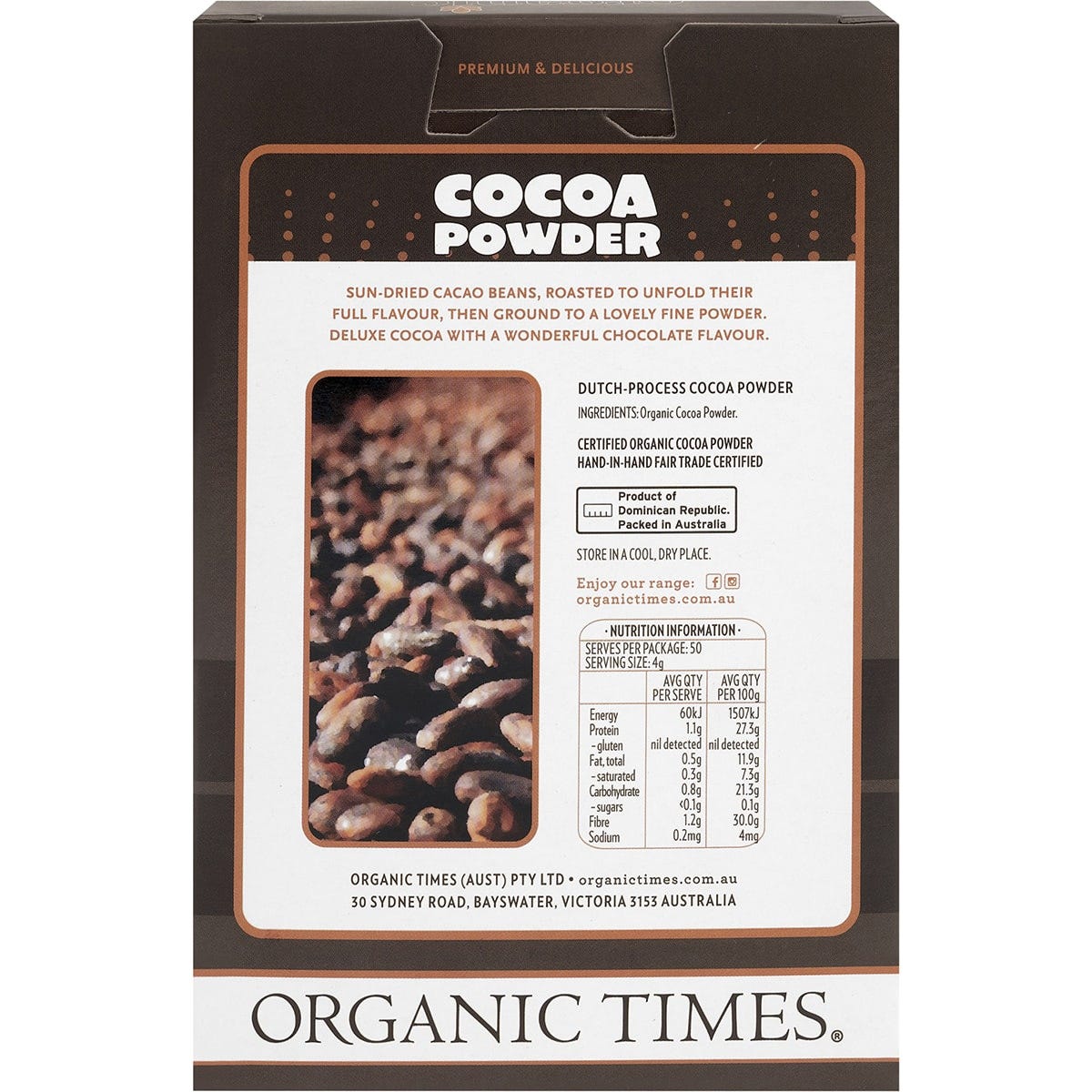 Back view of Organic Times Cocoa Powder 200g tub showing nutritional information and product details.