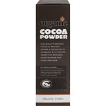 Side view of Organic Times Cocoa Powder 200g tub highlighting organic and fair-trade certifications.