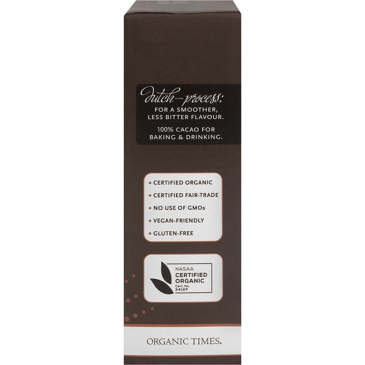 Right side of Organic Times Cocoa Powder 200g tub showing product features and barcode on a white background.