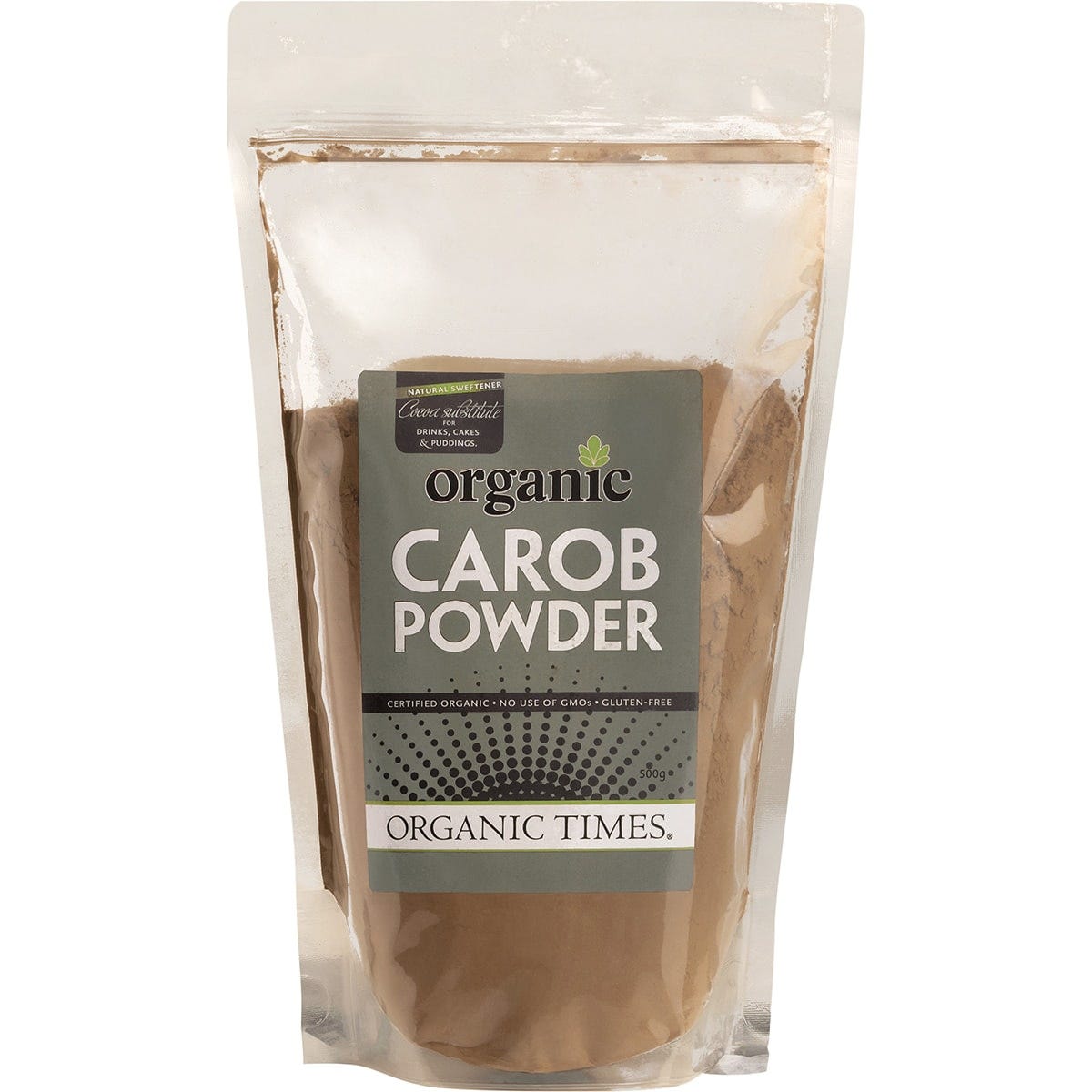 500g bag of Organic Times Carob Powder, a naturally sweet and caffeine-free cocoa substitute for baking and smoothies.