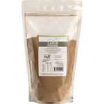 Back of Organic Times Carob Powder 500g bag with nutritional information and organic certification seals.