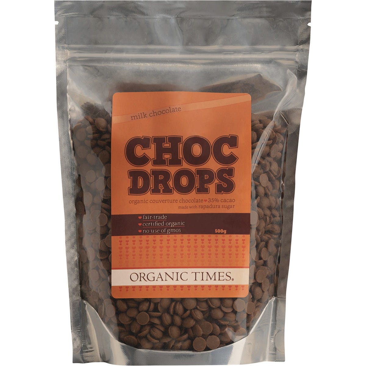 500g bag of Organic Times Milk Chocolate Choc Drops, silky smooth and creamy organic couverture chocolate.