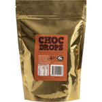Back of a 500g bag of Organic Times Milk Chocolate Choc Drops featuring nutritional facts and ingredient list.