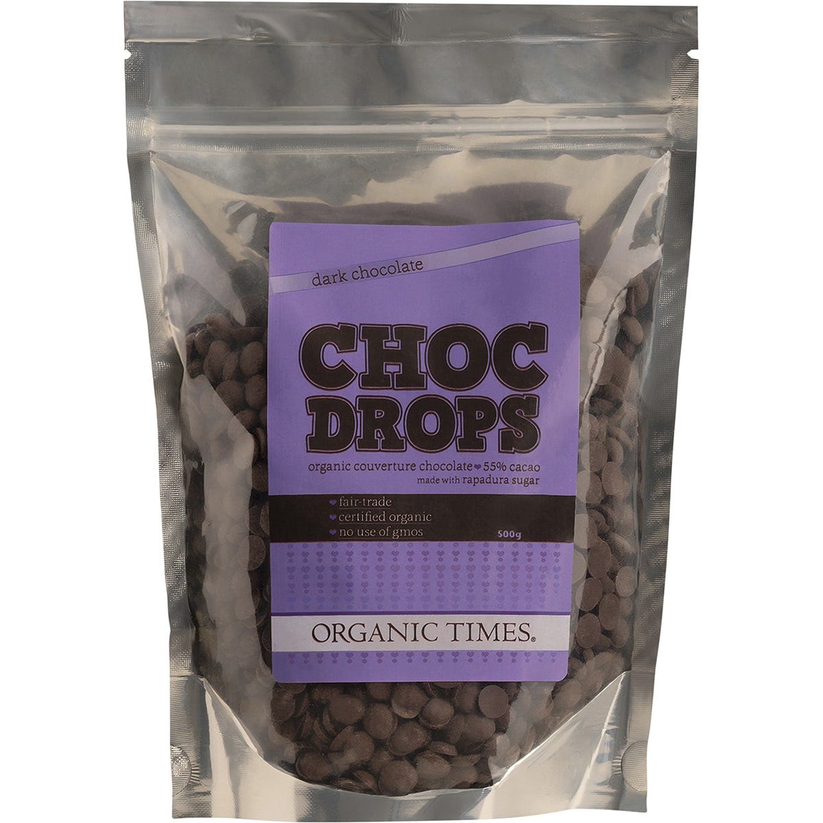 500g tub of Organic Times Dark Couverture Choc Drops for baking and decorating.