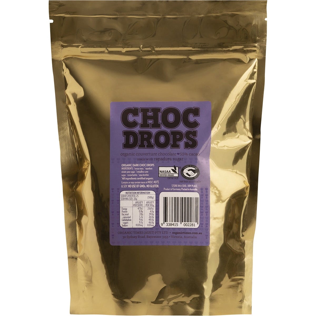 Back of an Organic Times Dark Couverture Choc Drops tub showing ingredients, nutrition facts, and organic certification.
