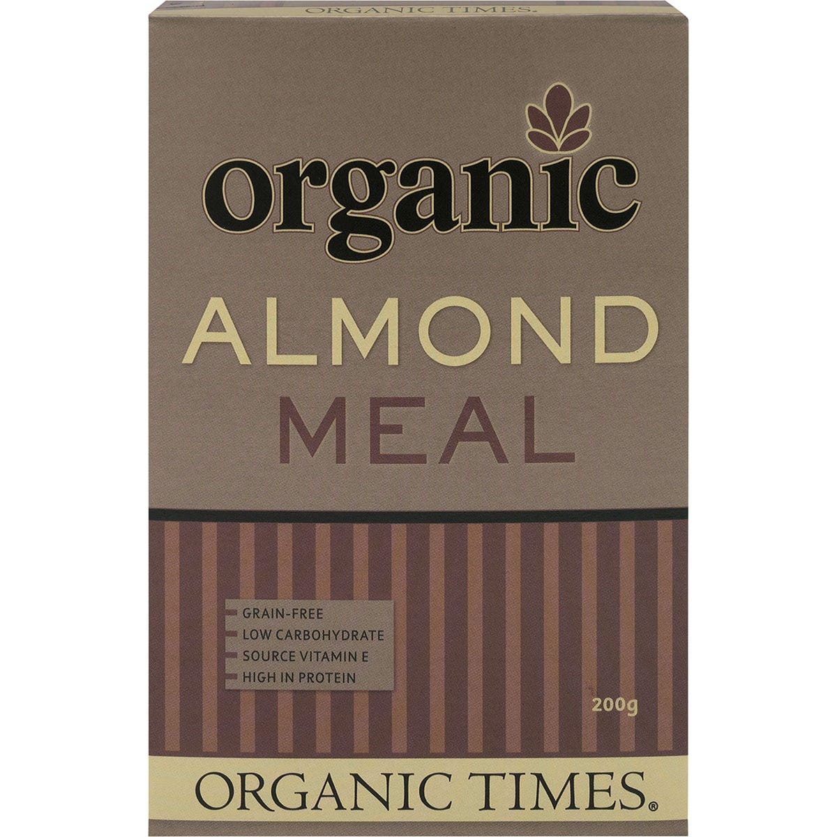 Organic Times Almond Meal 200g bag featuring blanched, finely ground organic Australian almonds.