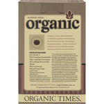 Back of a 200g bag of Organic Times Almond Meal showing nutritional information and product details.