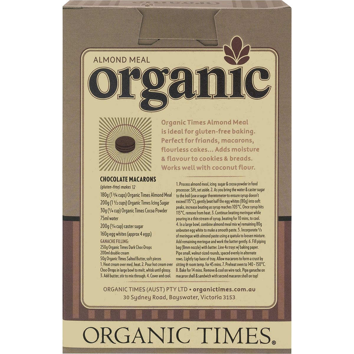 Back of a 200g bag of Organic Times Almond Meal showing nutritional information and product details.