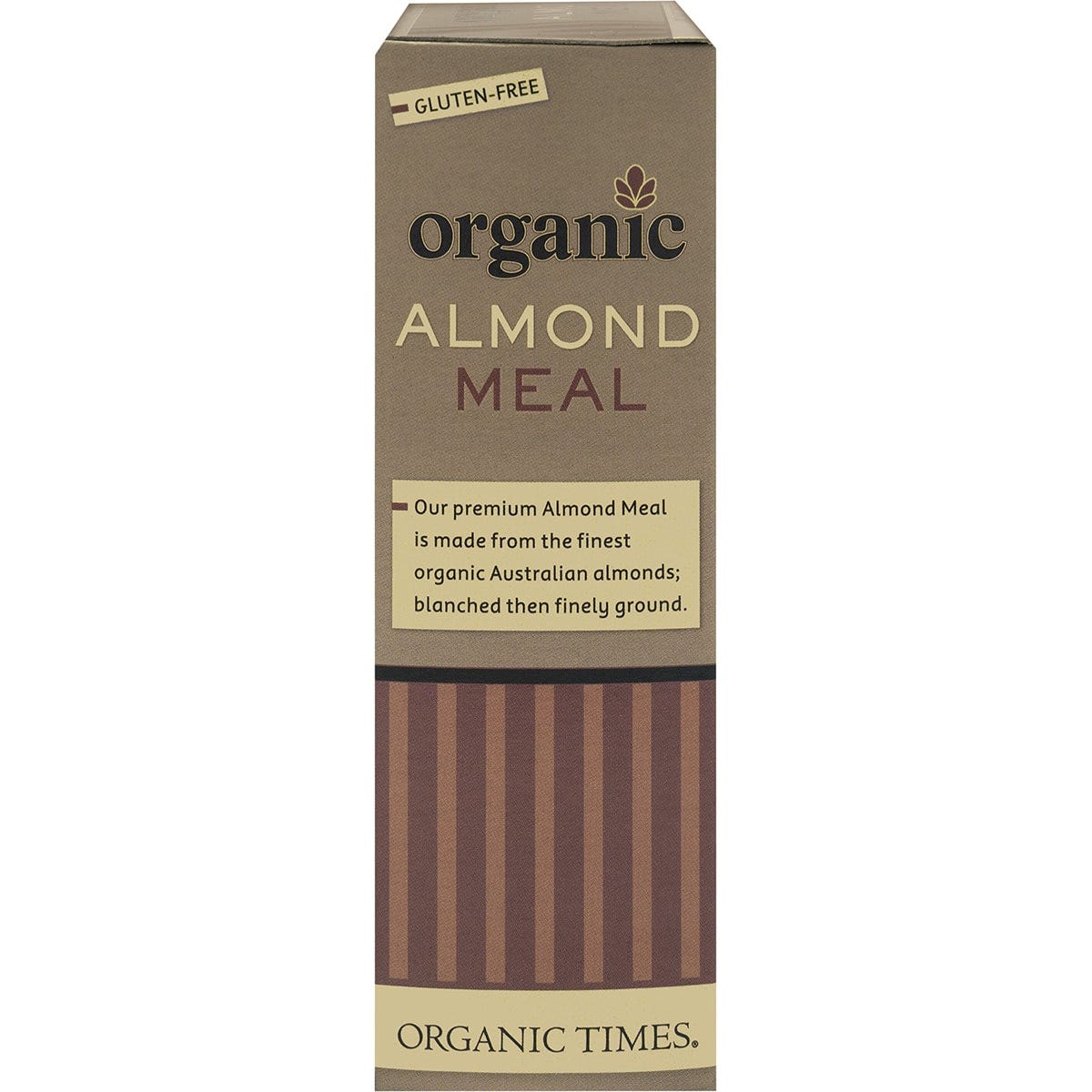 Side view of an Organic Times Almond Meal 200g bag highlighting organic Australian almonds and gluten-free features.