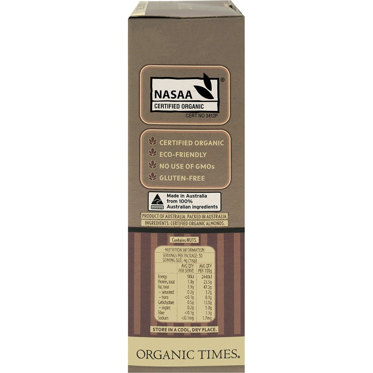Right side of Organic Times Almond Meal 200g bag highlighting organic Australian almonds and gluten-free features.