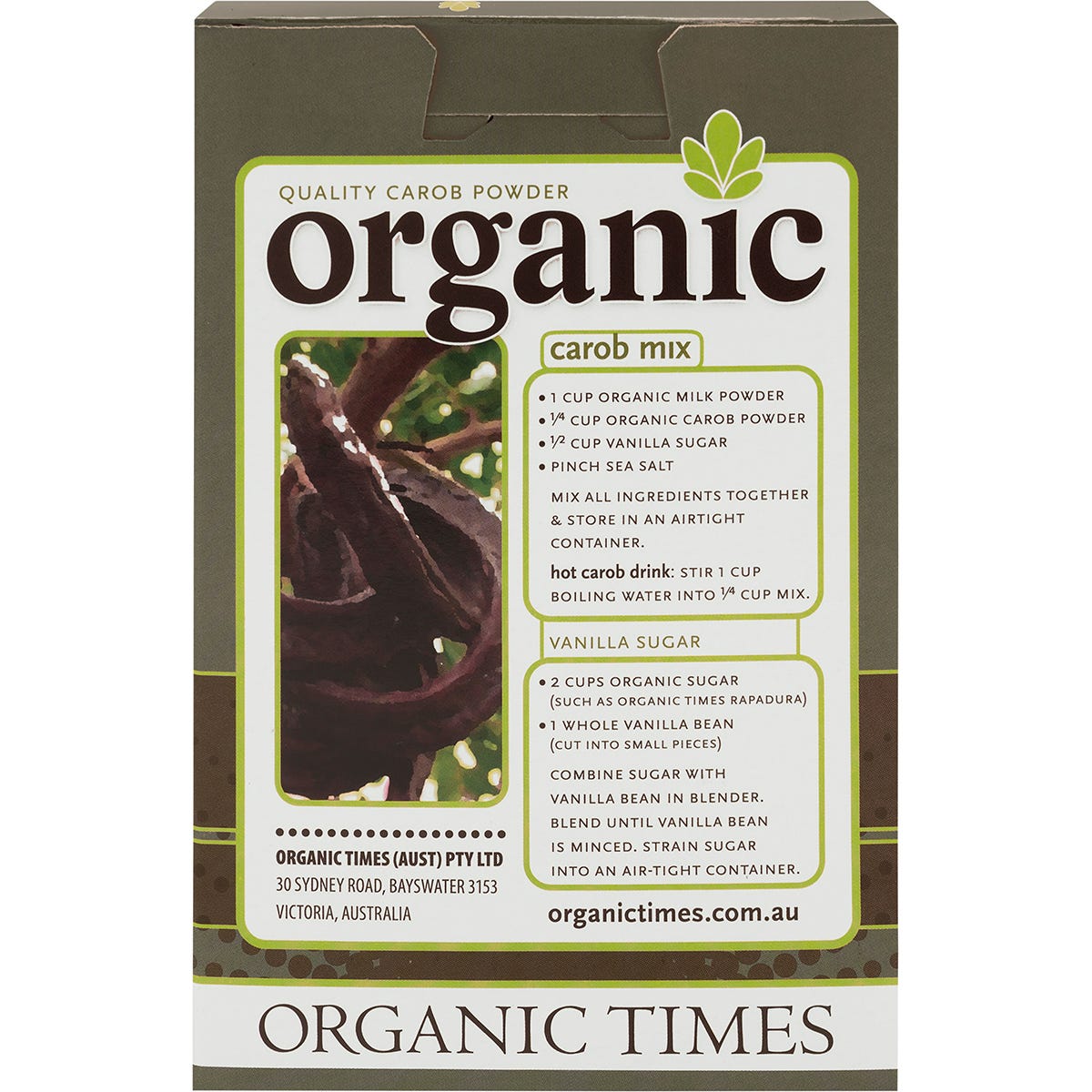 Back of Organic Times Carob Powder 200g bag showing nutritional information and product details.