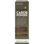 Side view of an Organic Times Carob Powder 200g bag highlighting that it is gluten-free and vegan-friendly.