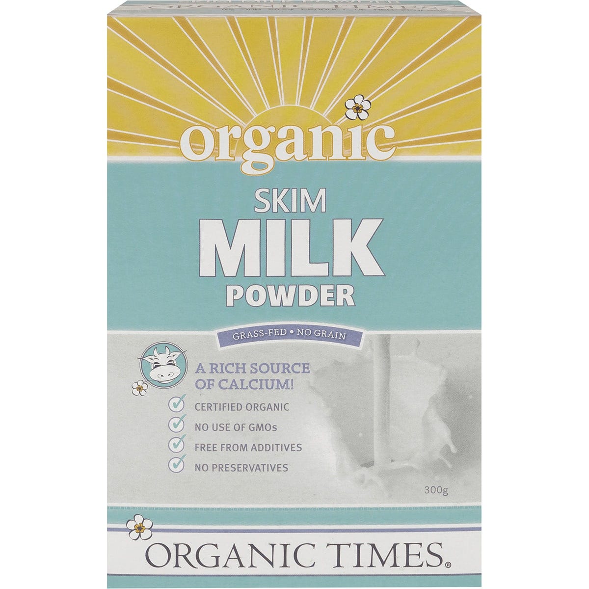 300g bag of Organic Times Skim Milk Powder made from organic grass-fed dairy on a white background.
