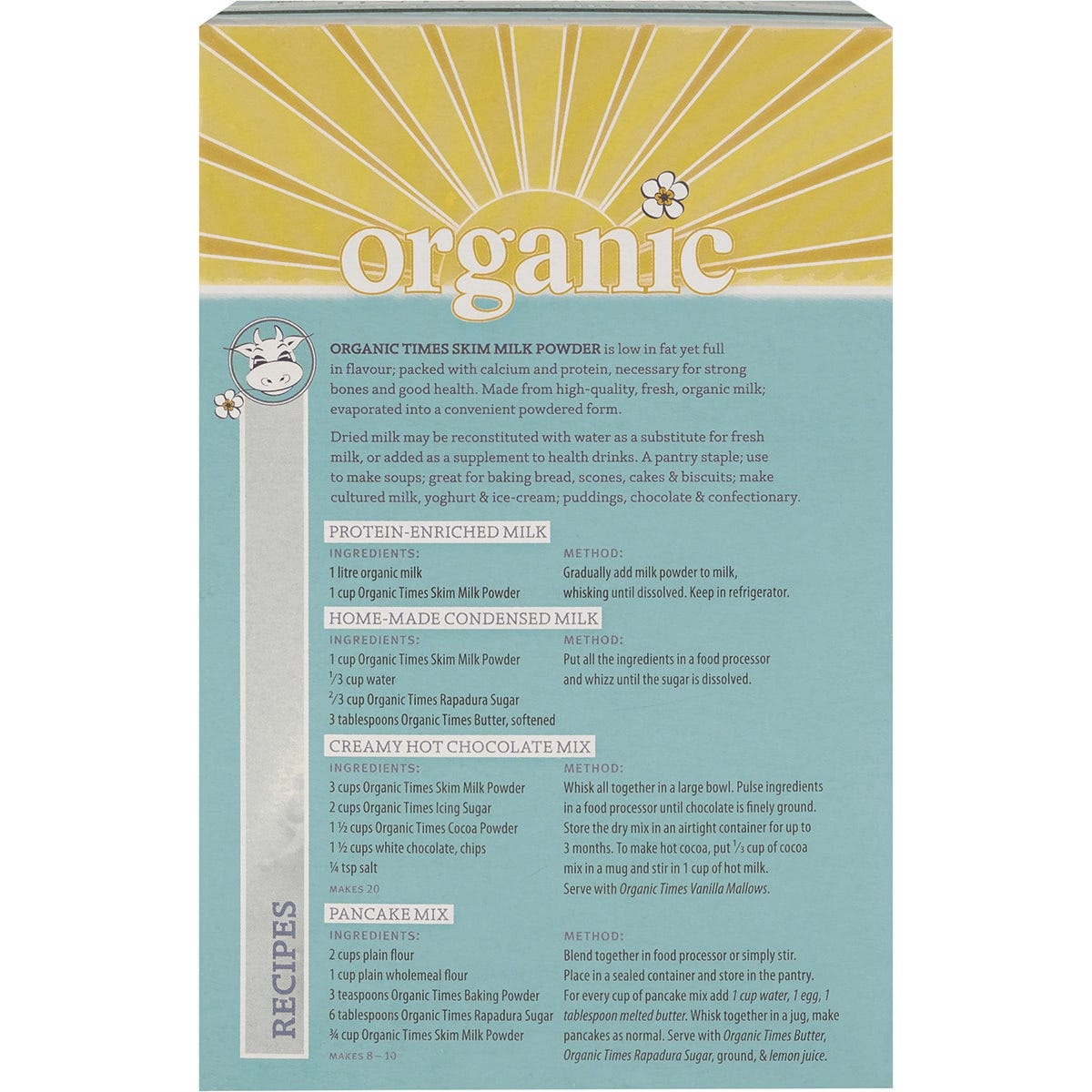 Back of Organic Times Skim Milk Powder 300g bag with nutritional information and instructions.