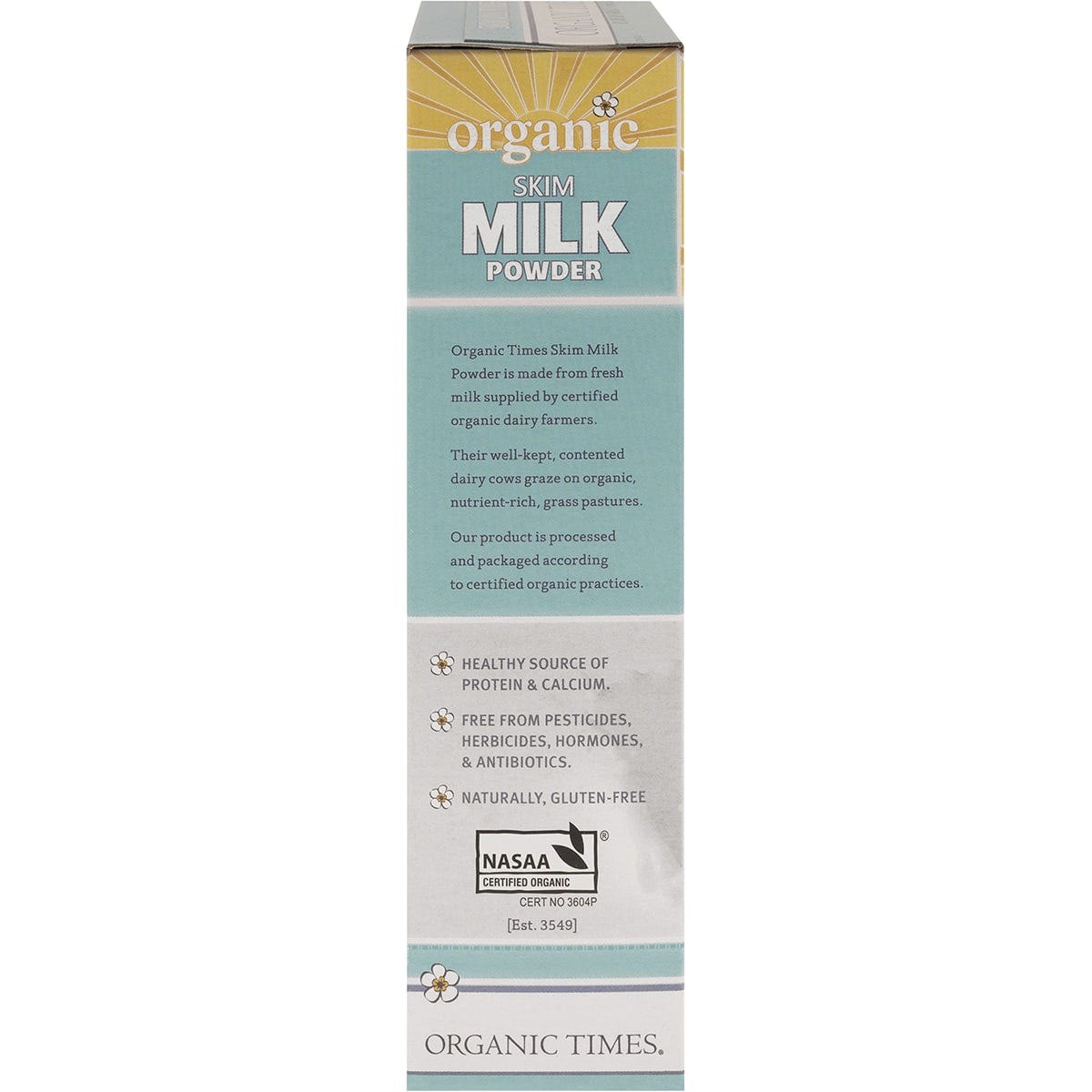 Side view of Organic Times Skim Milk Powder 300g bag highlighting product benefits and organic certification.