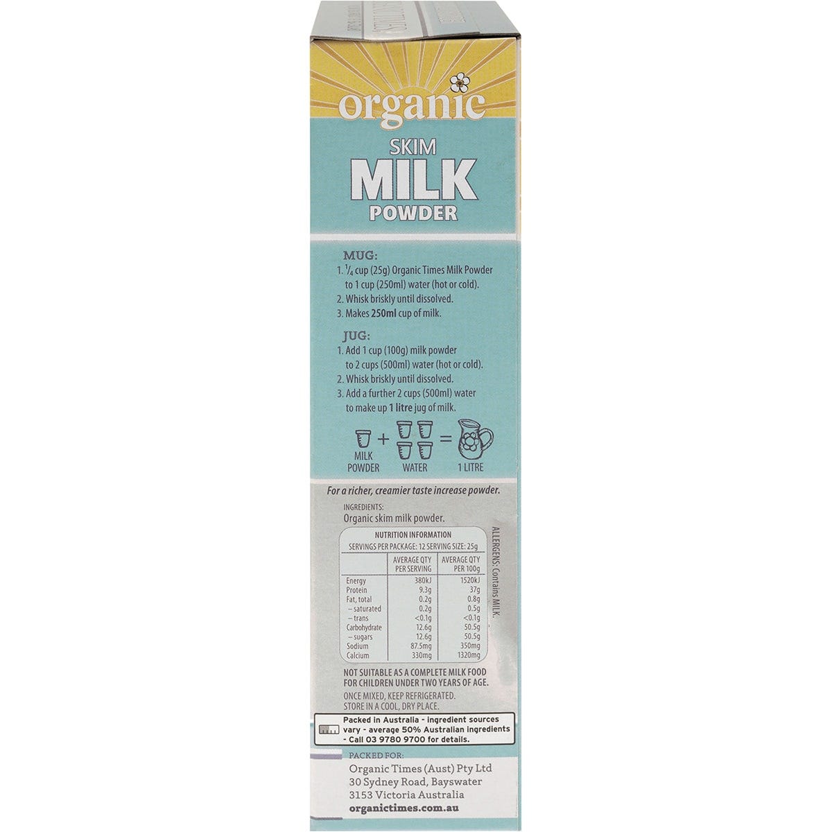 Right side of Organic Times Skim Milk Powder 300g bag showing social media icons and manufacturer information.