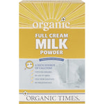 Organic Times Full Cream Milk Powder 300g bag with a cow illustration and blue accents on a white background.
