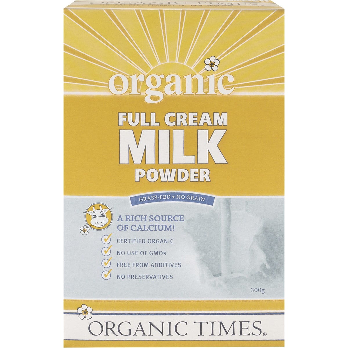 Organic Times Full Cream Milk Powder 300g bag with a cow illustration and blue accents on a white background.