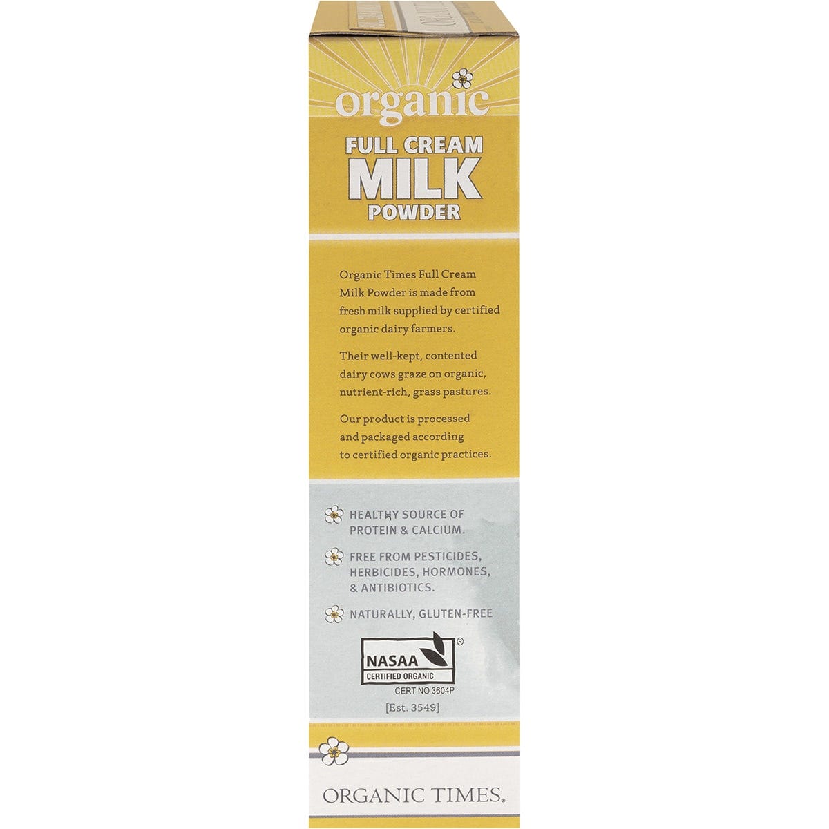 Side of Organic Times 300g Milk Powder bag showing Australian Organic logo and product details on a blue and white label.