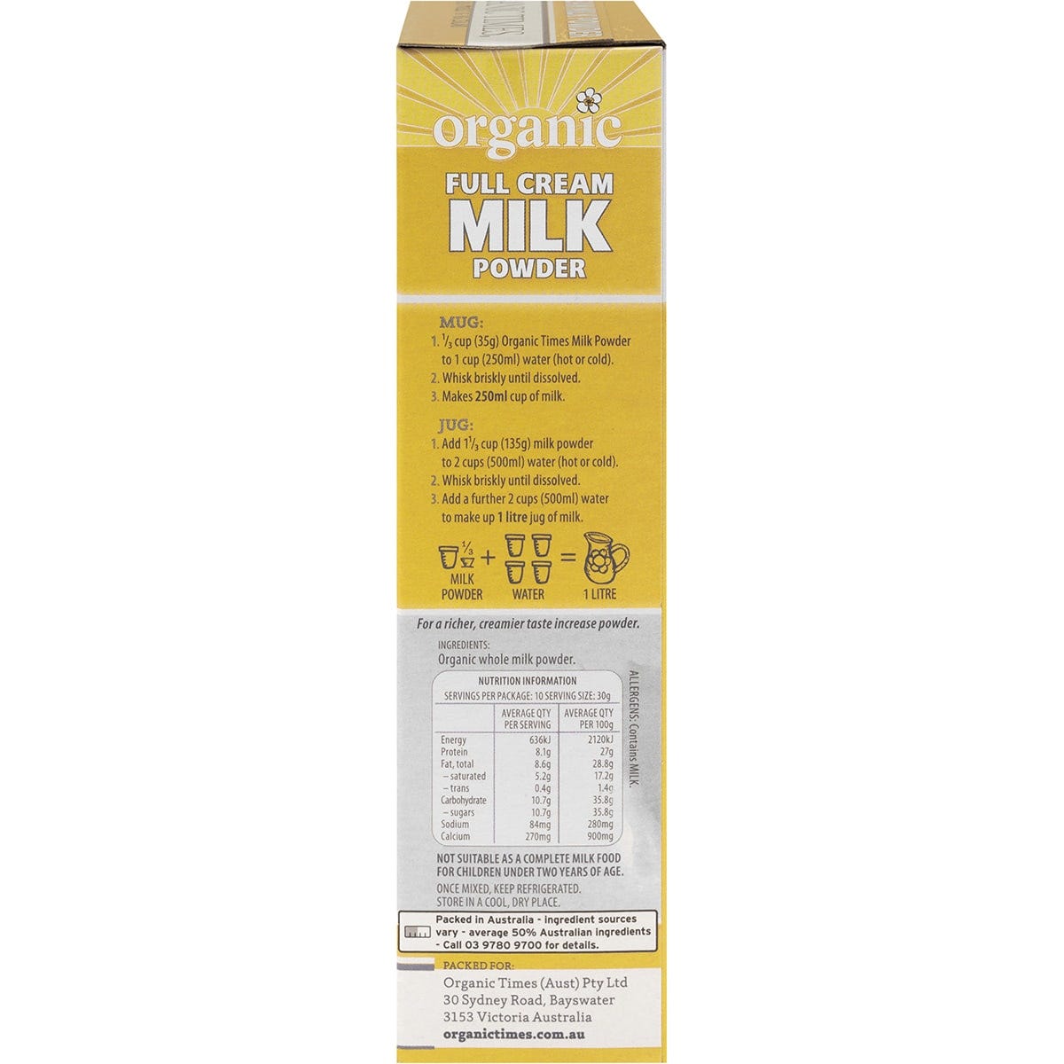 Right-angled view of an Organic Times Full Cream Milk Powder 300g bag showing product details on a white background.