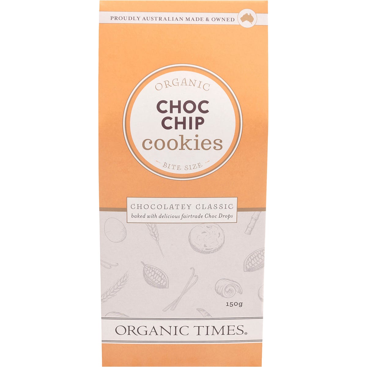 150g box of Organic Times Choc Chip Cookies with grass-fed butter and fair-trade chocolate.