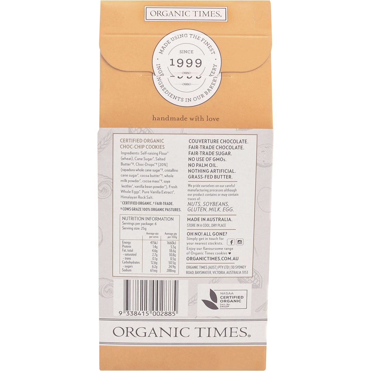 Back of Organic Times 150g Choc Chip Cookies box showing nutritional information and certified organic ingredients.