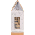 Side view of an Organic Times Choc Chip Cookies 150g box highlighting product benefits and certified organic logos.