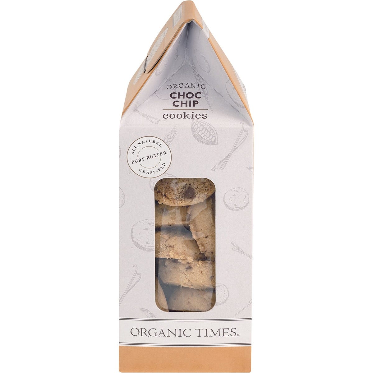 Side view of an Organic Times Choc Chip Cookies 150g box highlighting product benefits and certified organic logos.