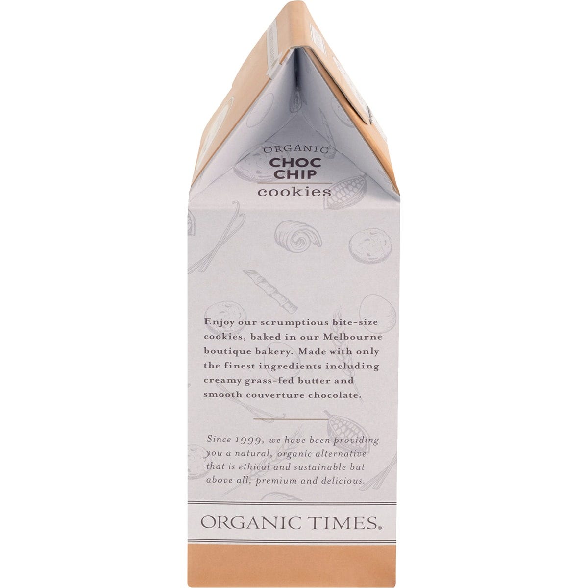 Right side of an Organic Times Choc Chip Cookies 150g box showing nutritional information and Australian made logo.