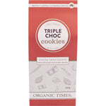 Organic Times Triple Choc Chip Cookies 150g box with bite-size chocolate chip cookies on a white background.