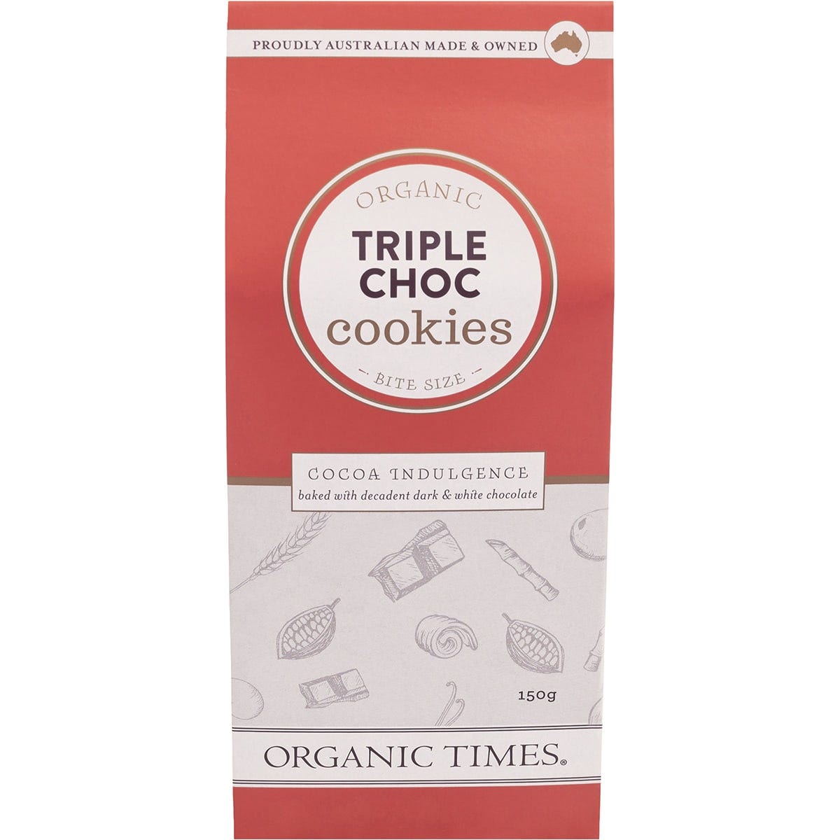 Organic Times Triple Choc Chip Cookies 150g box with bite-size chocolate chip cookies on a white background.