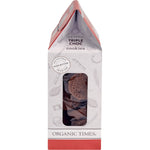 Side view of Organic Times Triple Choc Chip Cookies 150g box highlighting organic and fair-trade features.