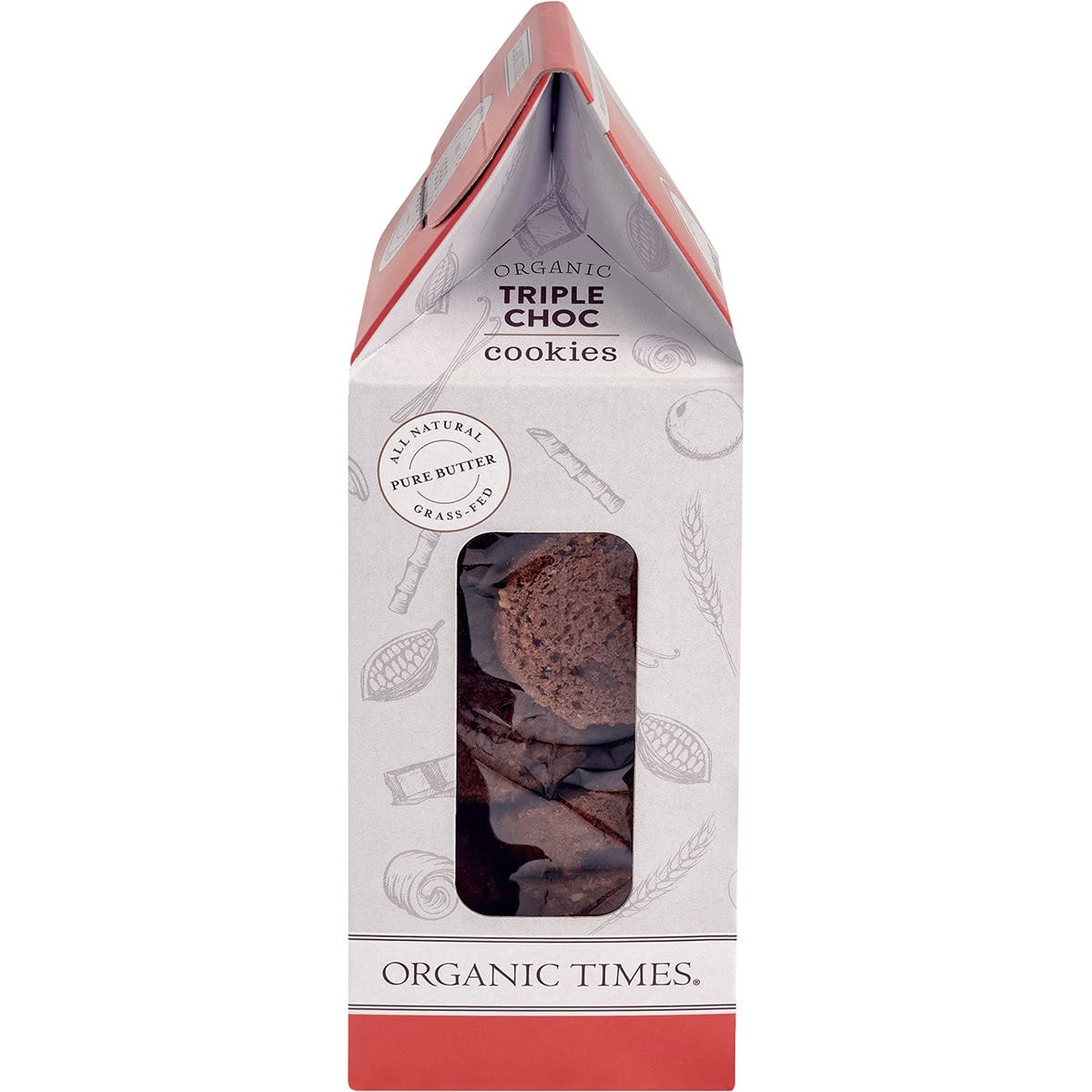 Side view of Organic Times Triple Choc Chip Cookies 150g box highlighting organic and fair-trade features.