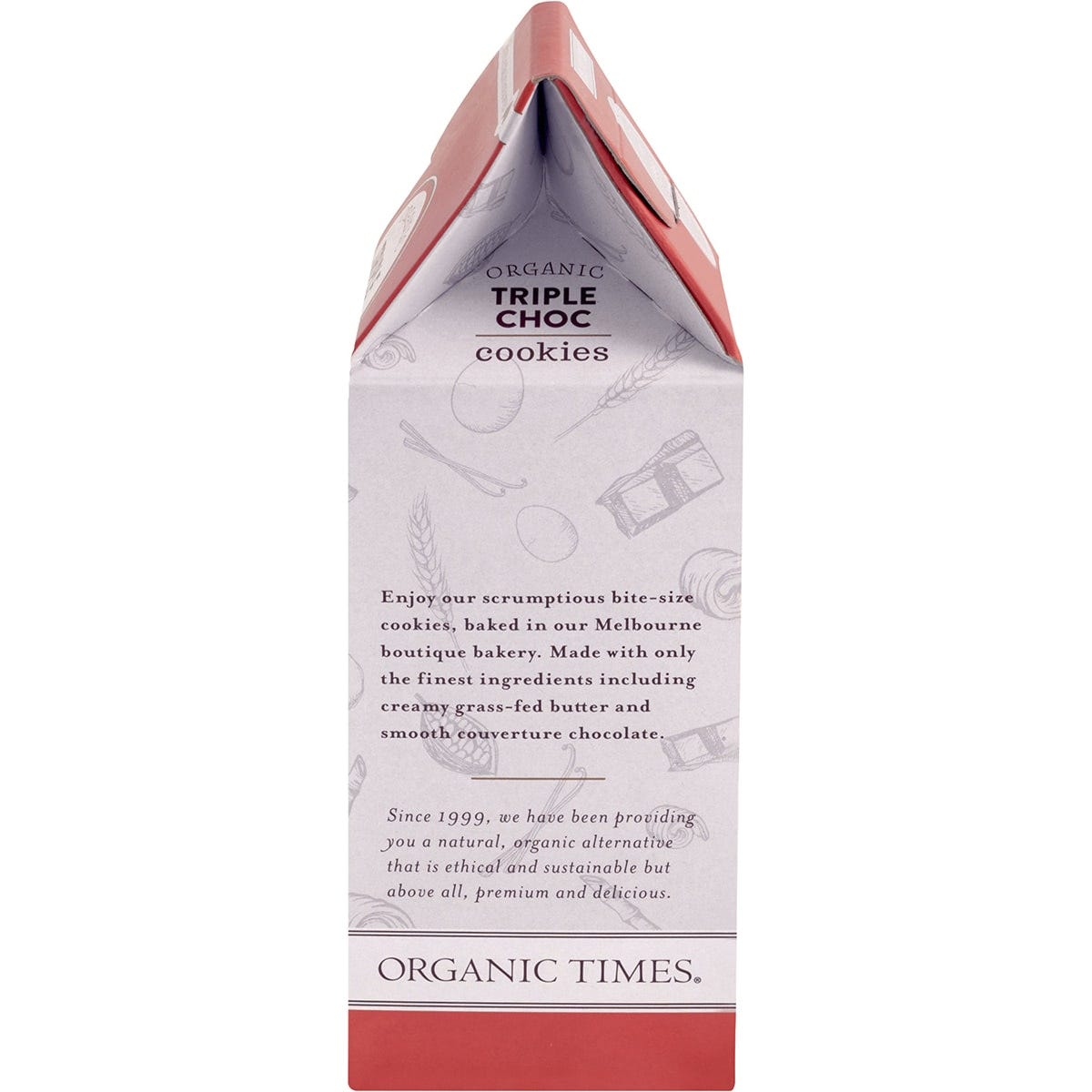 Right side of Organic Times Triple Choc Chip Cookies 150g box showing the product barcode and Australian-made logo.