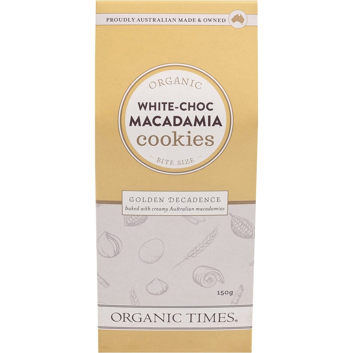 Organic Times 150g box of White Choc Macadamia Cookies featuring golden bite-sized biscuits and organic ingredients.
